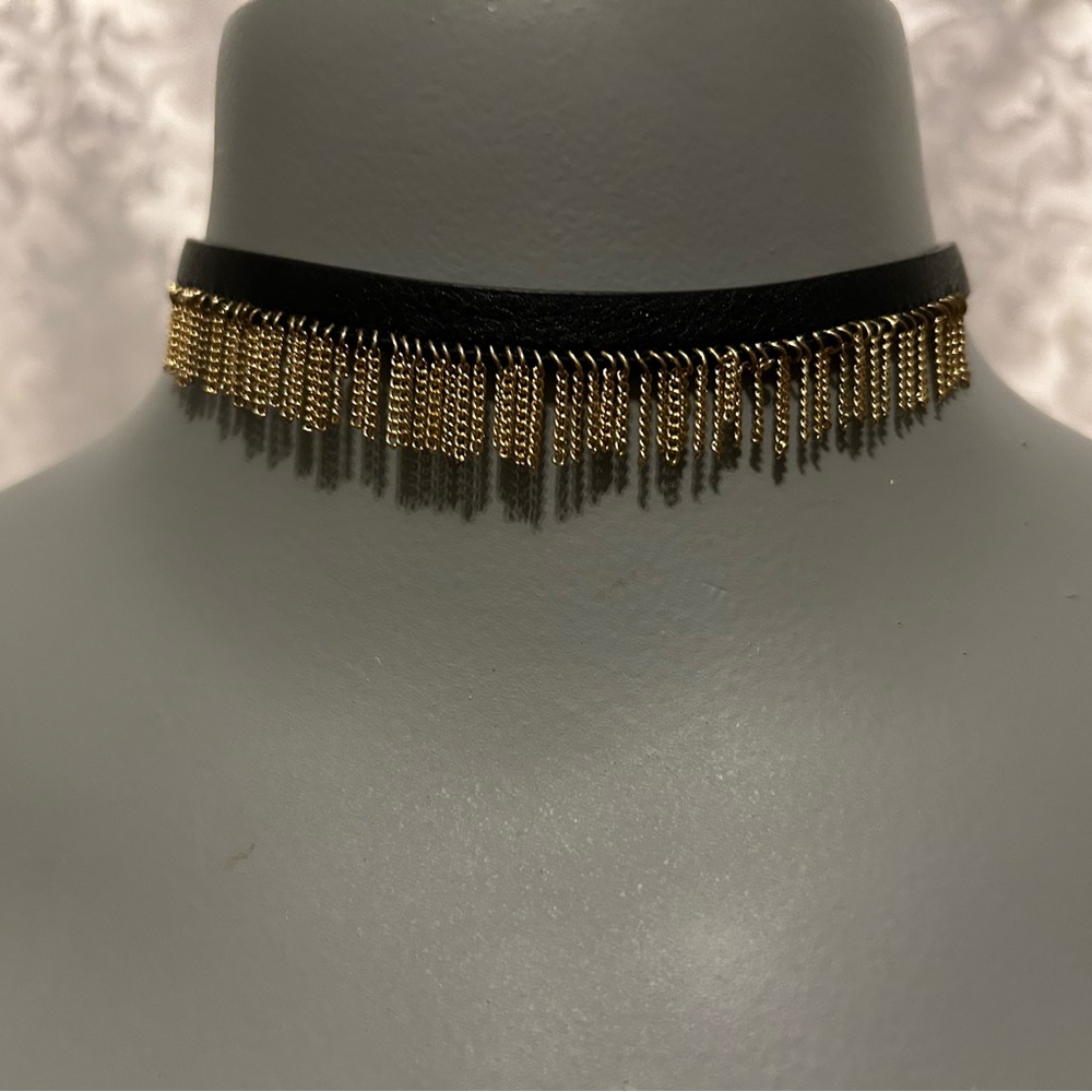 Jessica Simpson Choker Gold Toned Fringe Black Leather Band 11", Y2K Style